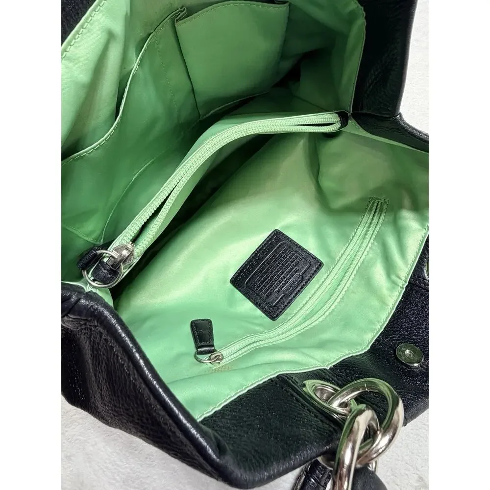 VTG Coach Hamptons Pebble Leather Tote Bag Black F1569 Lime Green Satin Interior